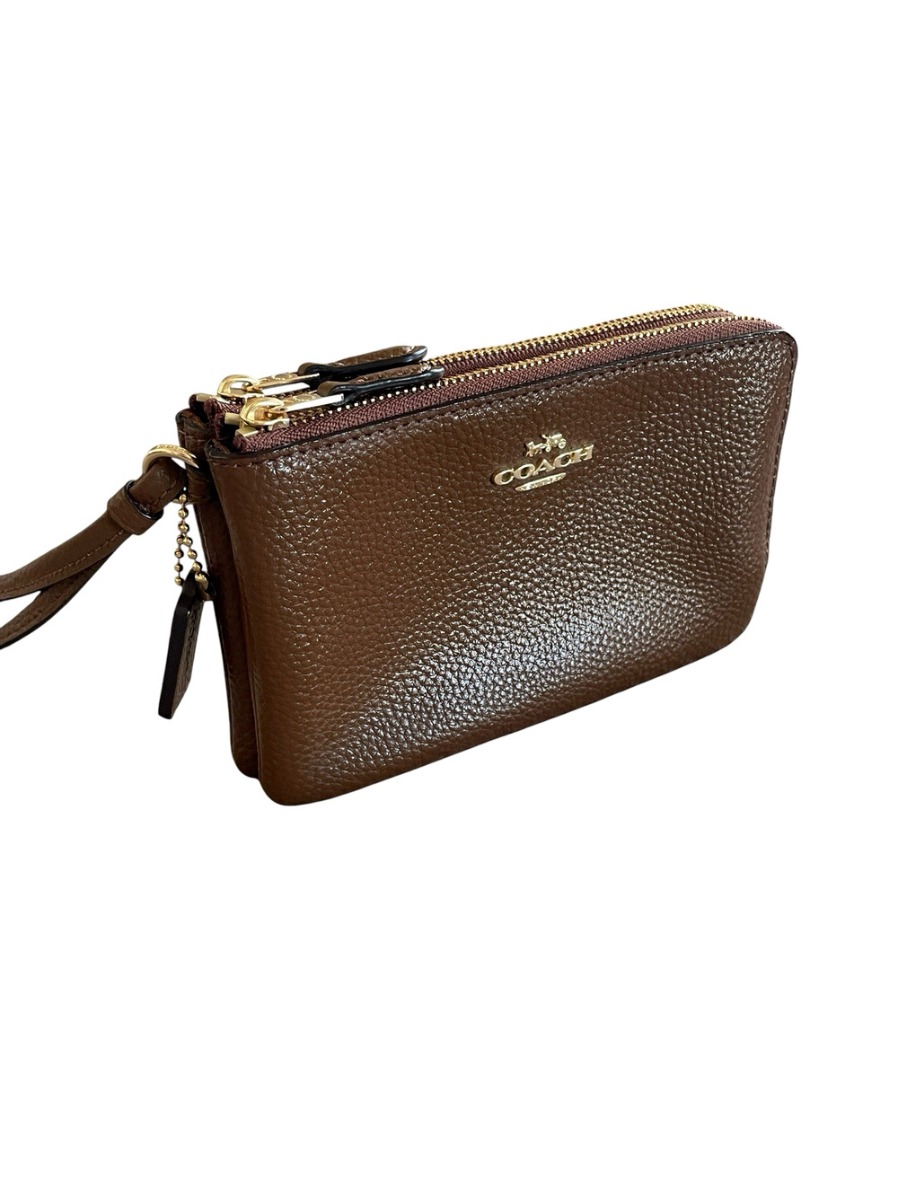 COACH 87590 Double Corner Zip Wristlet Wallet Brown Pebbled Leather Gold Tone